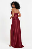 Straight Across Stretch Satin Sheath Formal Evening Dresses with Slit Long Prom Party Dress