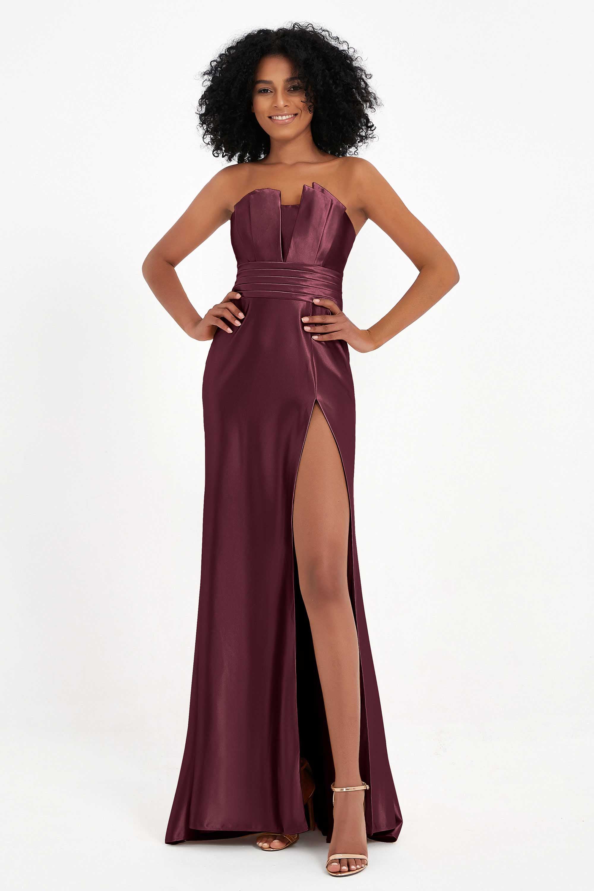 Straight Across Stretch Satin Sheath Formal Evening Dresses with Slit Long Prom Party Dress