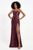 Straight Across Stretch Satin Sheath Formal Evening Dresses with Slit Long Prom Party Dress