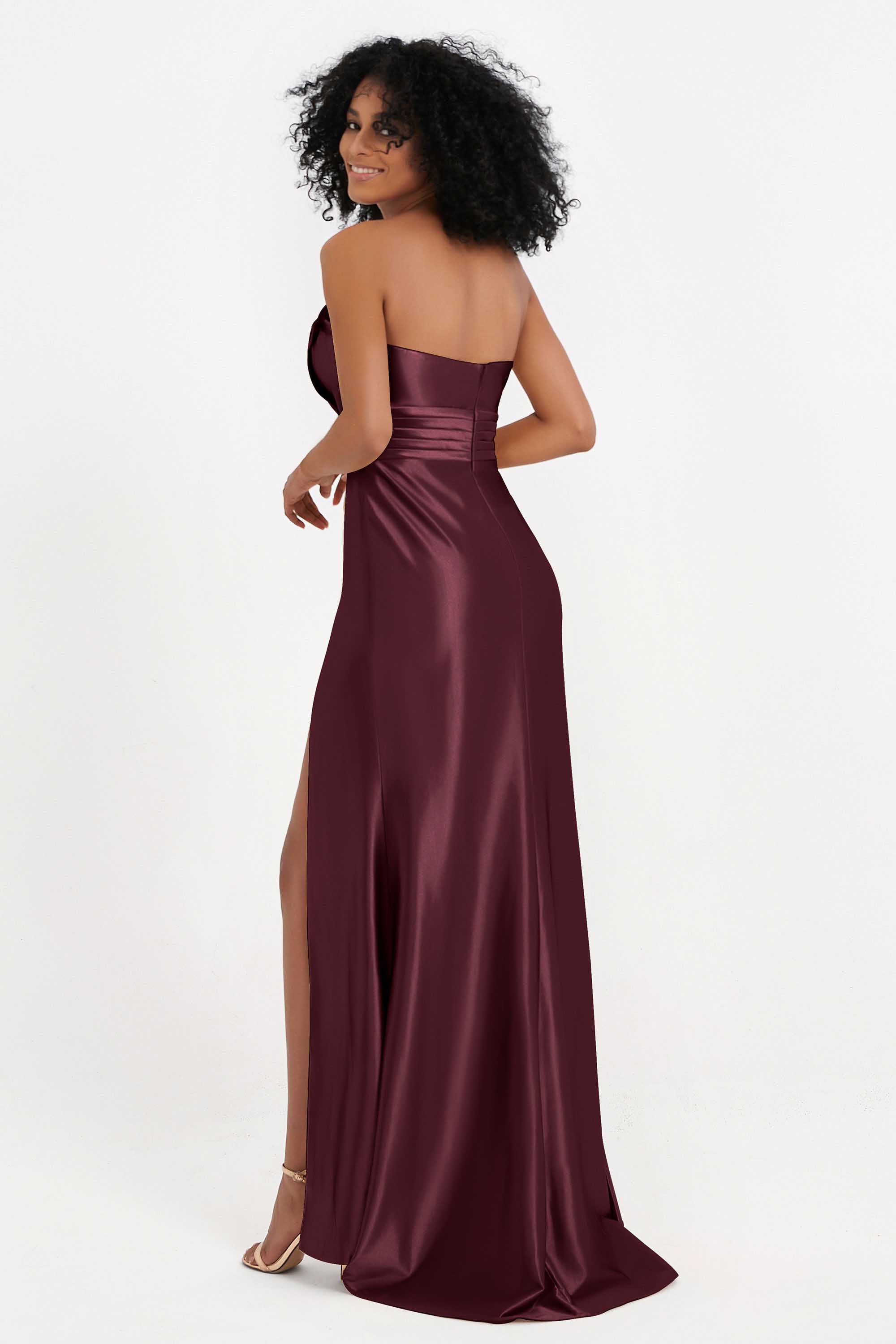 Straight Across Stretch Satin Sheath Formal Evening Dresses with Slit Long Prom Party Dress