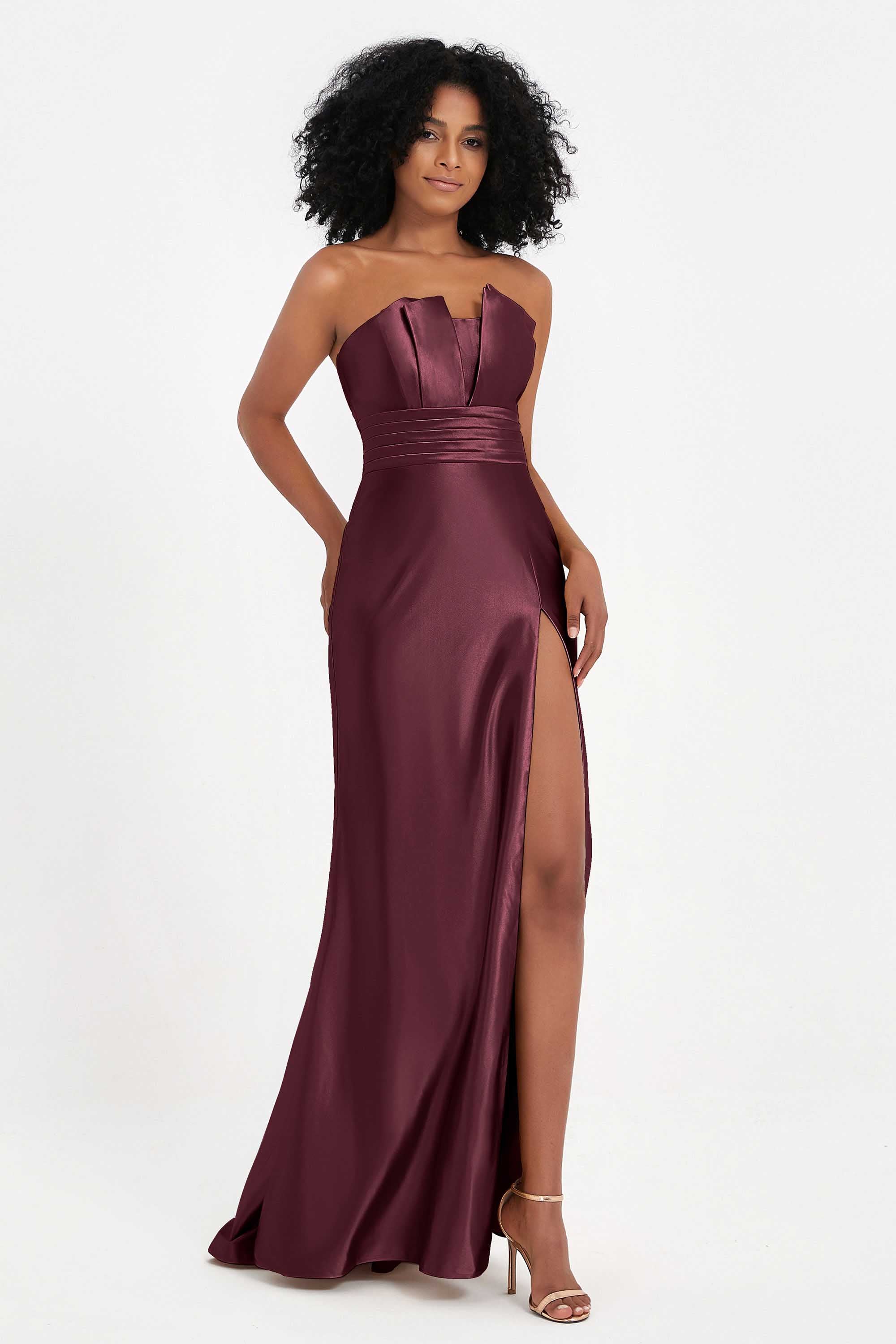 Straight Across Stretch Satin Sheath Formal Evening Dresses with Slit Long Prom Party Dress