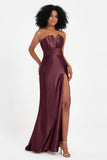 Straight Across Stretch Satin Sheath Formal Evening Dresses with Slit Long Prom Party Dress