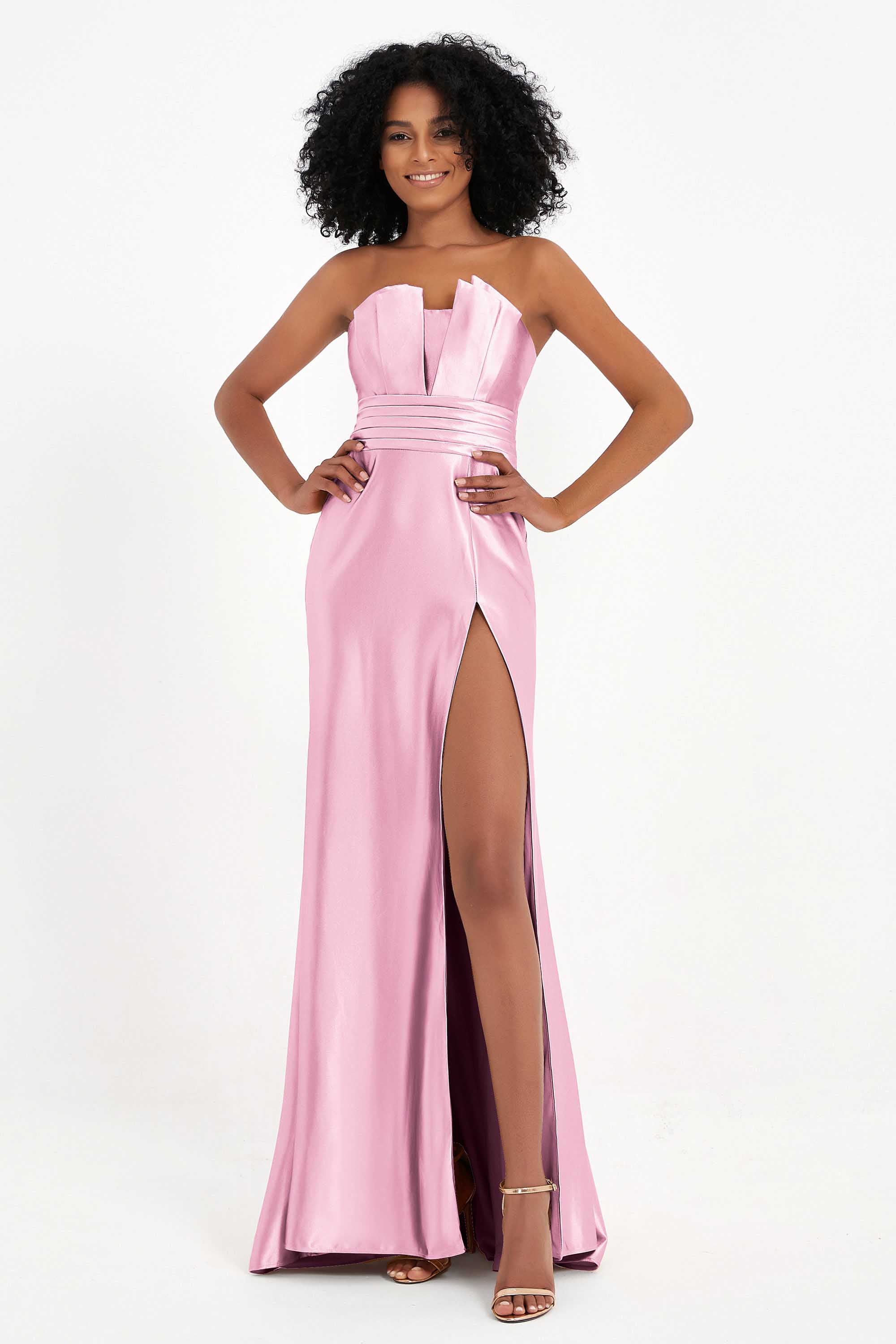 Straight Across Stretch Satin Sheath Formal Evening Dresses with Slit Long Prom Party Dress