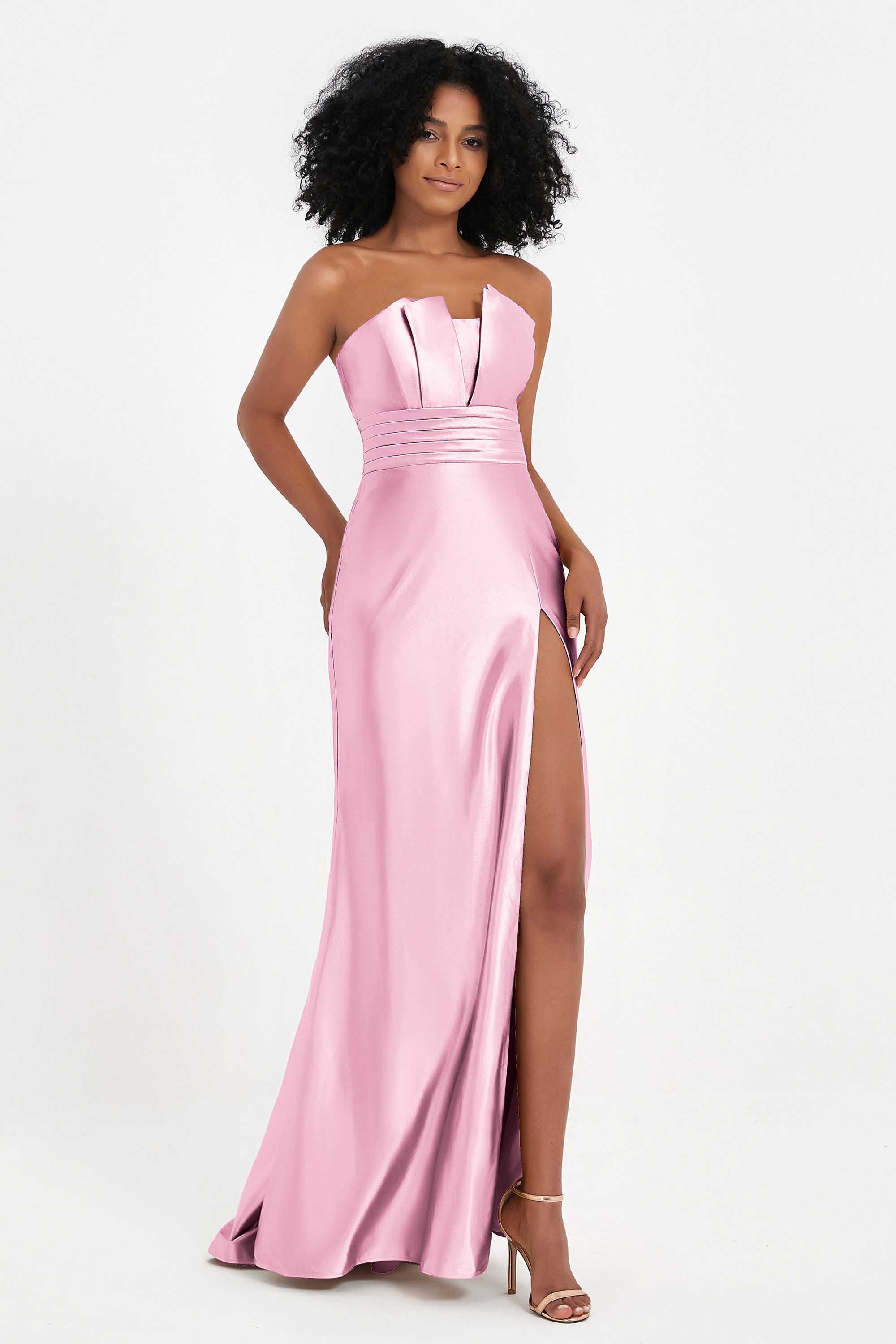 Straight Across Stretch Satin Sheath Formal Evening Dresses with Slit Long Prom Party Dress