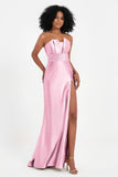 Straight Across Stretch Satin Sheath Formal Evening Dresses with Slit Long Prom Party Dress