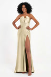 Straight Across Stretch Satin Sheath Formal Evening Dresses with Slit Long Prom Party Dress