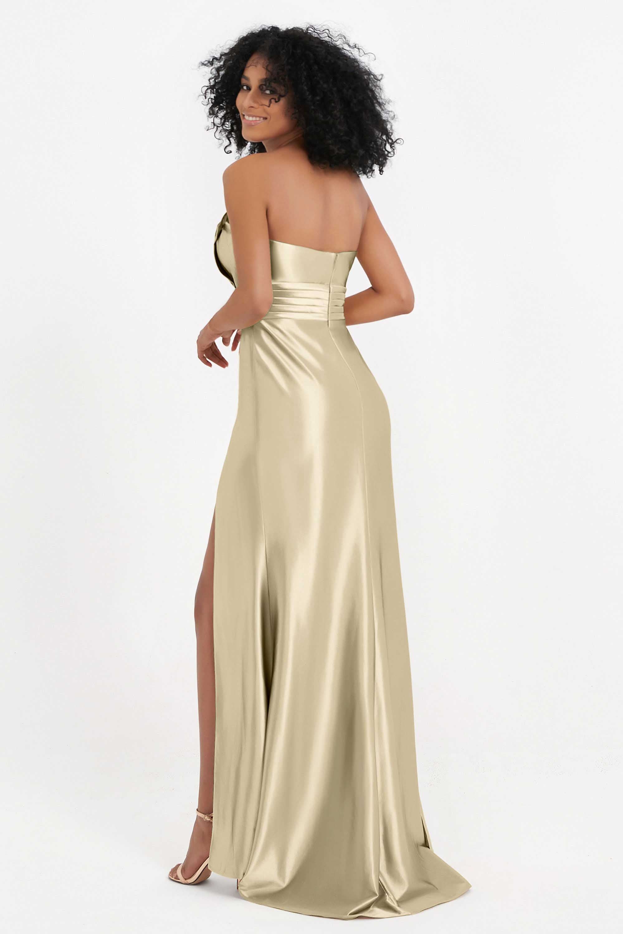 Straight Across Stretch Satin Sheath Formal Evening Dresses with Slit Long Prom Party Dress