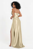 Straight Across Stretch Satin Sheath Formal Evening Dresses with Slit Long Prom Party Dress