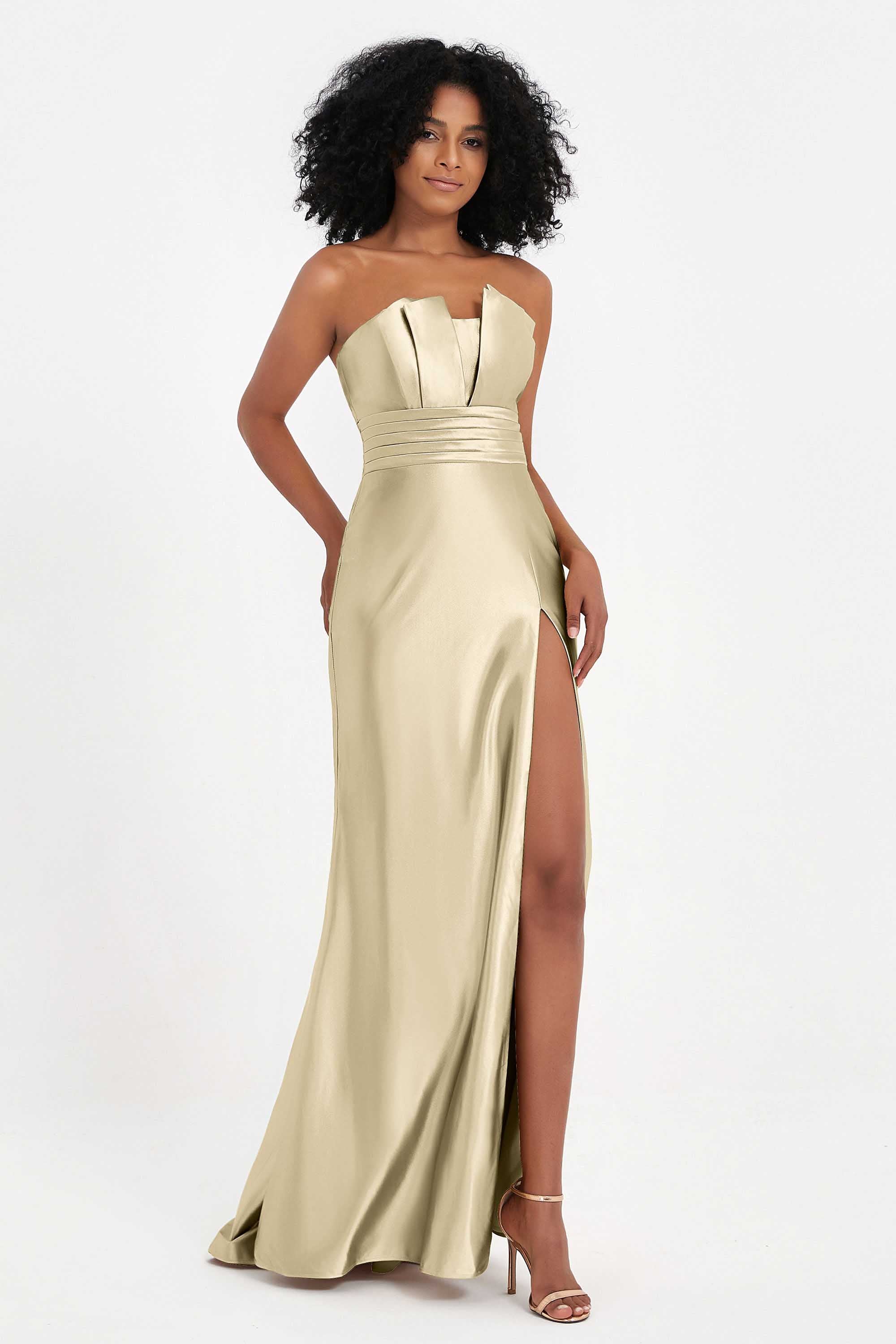 Straight Across Stretch Satin Sheath Formal Evening Dresses with Slit Long Prom Party Dress