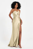 Straight Across Stretch Satin Sheath Formal Evening Dresses with Slit Long Prom Party Dress