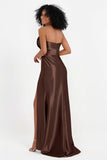 Straight Across Stretch Satin Sheath Formal Evening Dresses with Slit Long Prom Party Dress