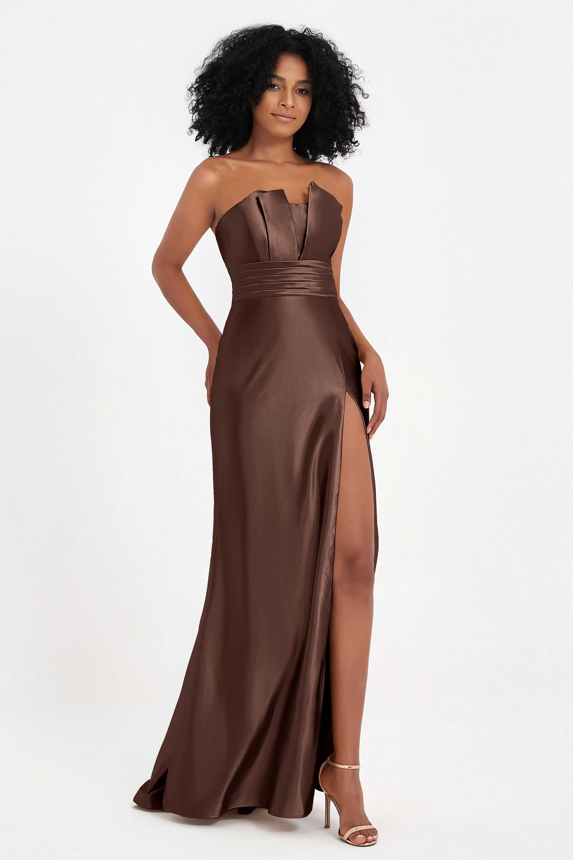 Straight Across Stretch Satin Sheath Formal Evening Dresses with Slit Long Prom Party Dress