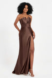 Straight Across Stretch Satin Sheath Formal Evening Dresses with Slit Long Prom Party Dress