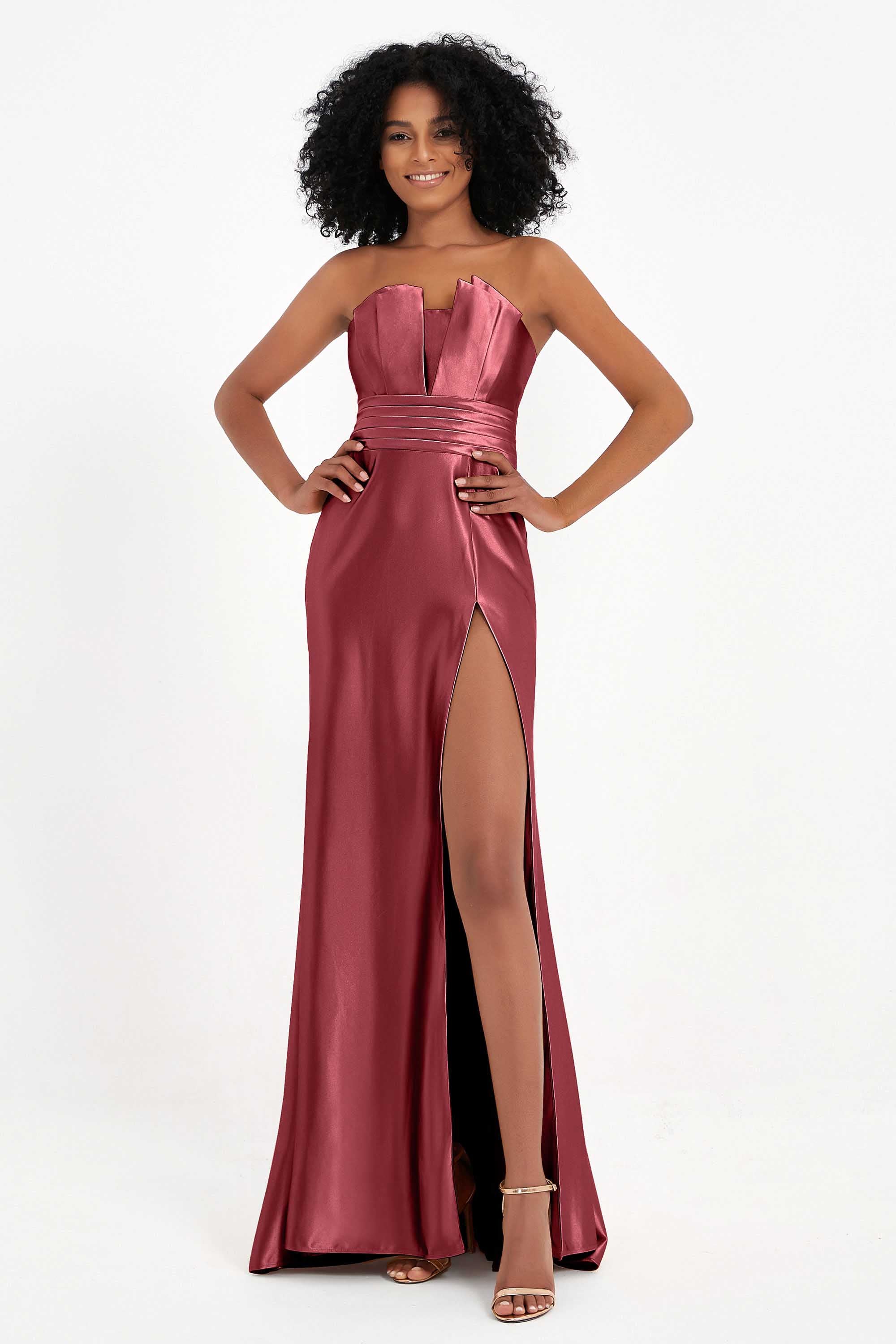 Straight Across Stretch Satin Sheath Formal Evening Dresses with Slit Long Prom Party Dress
