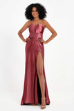 Straight Across Stretch Satin Sheath Formal Evening Dresses with Slit Long Prom Party Dress