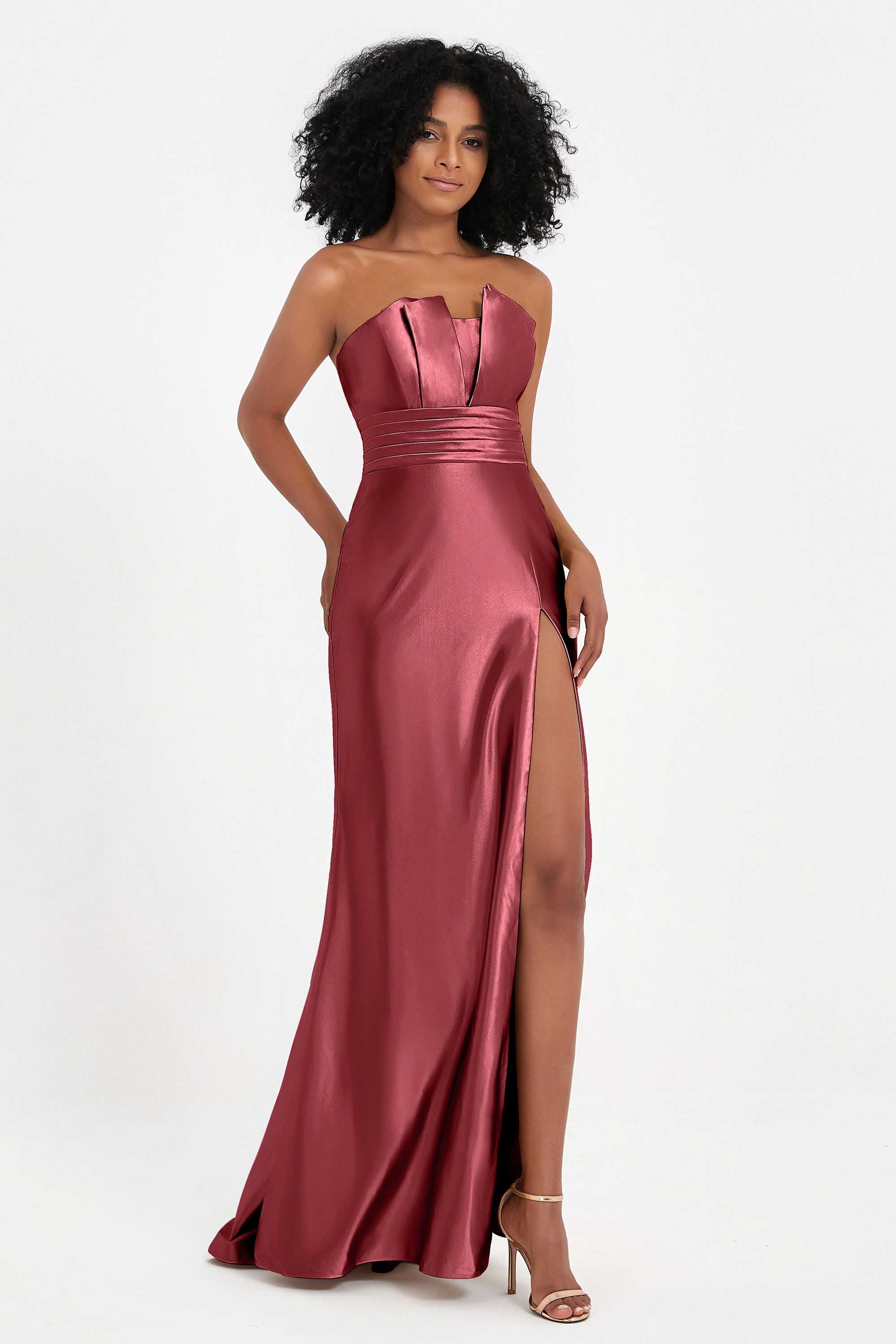 Straight Across Stretch Satin Sheath Formal Evening Dresses with Slit Long Prom Party Dress