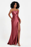 Straight Across Stretch Satin Sheath Formal Evening Dresses with Slit Long Prom Party Dress