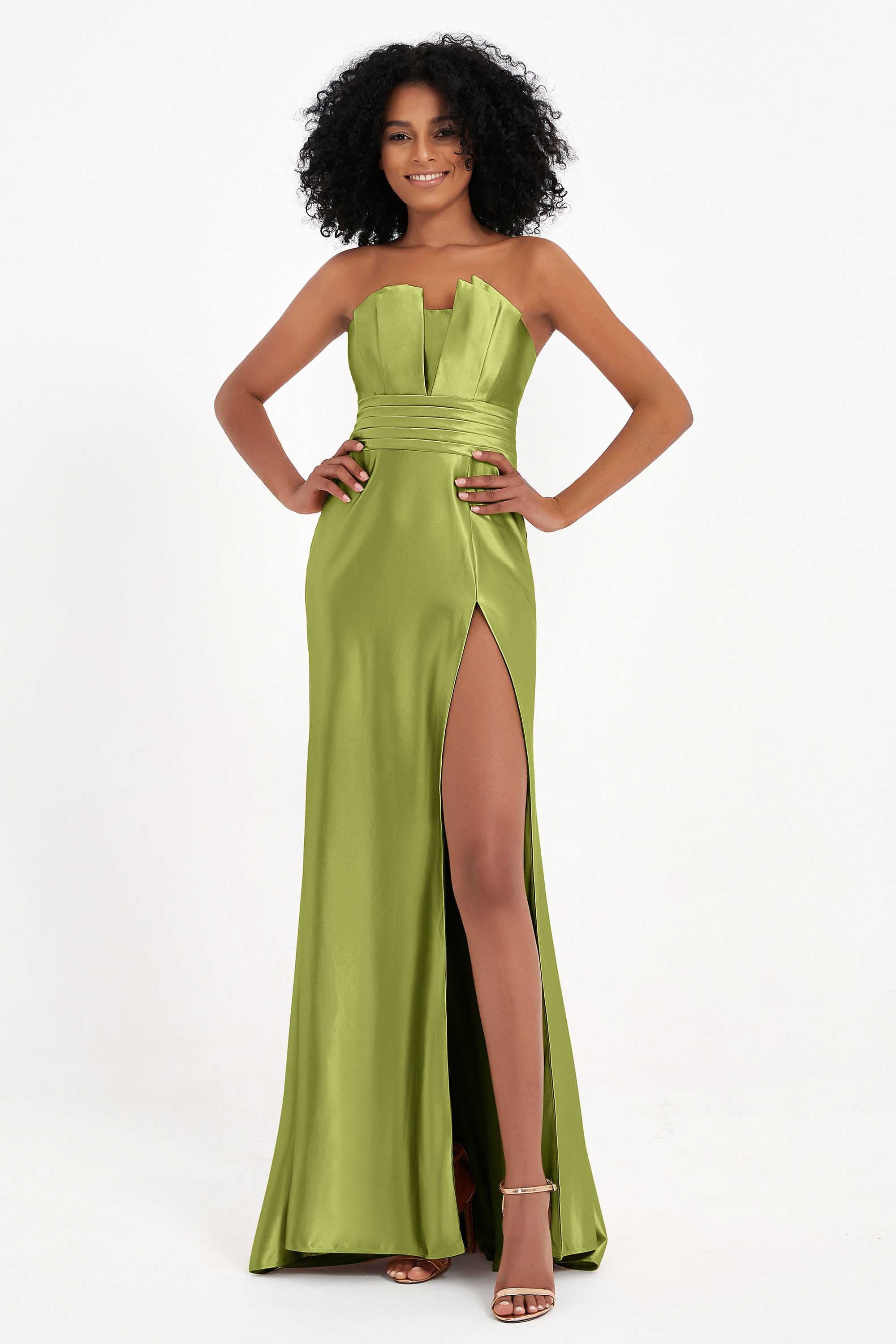 Straight Across Stretch Satin Sheath Formal Evening Dresses with Slit Long Prom Party Dress