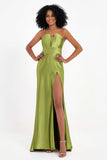 Straight Across Stretch Satin Sheath Formal Evening Dresses with Slit Long Prom Party Dress