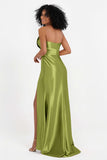 Straight Across Stretch Satin Sheath Formal Evening Dresses with Slit Long Prom Party Dress