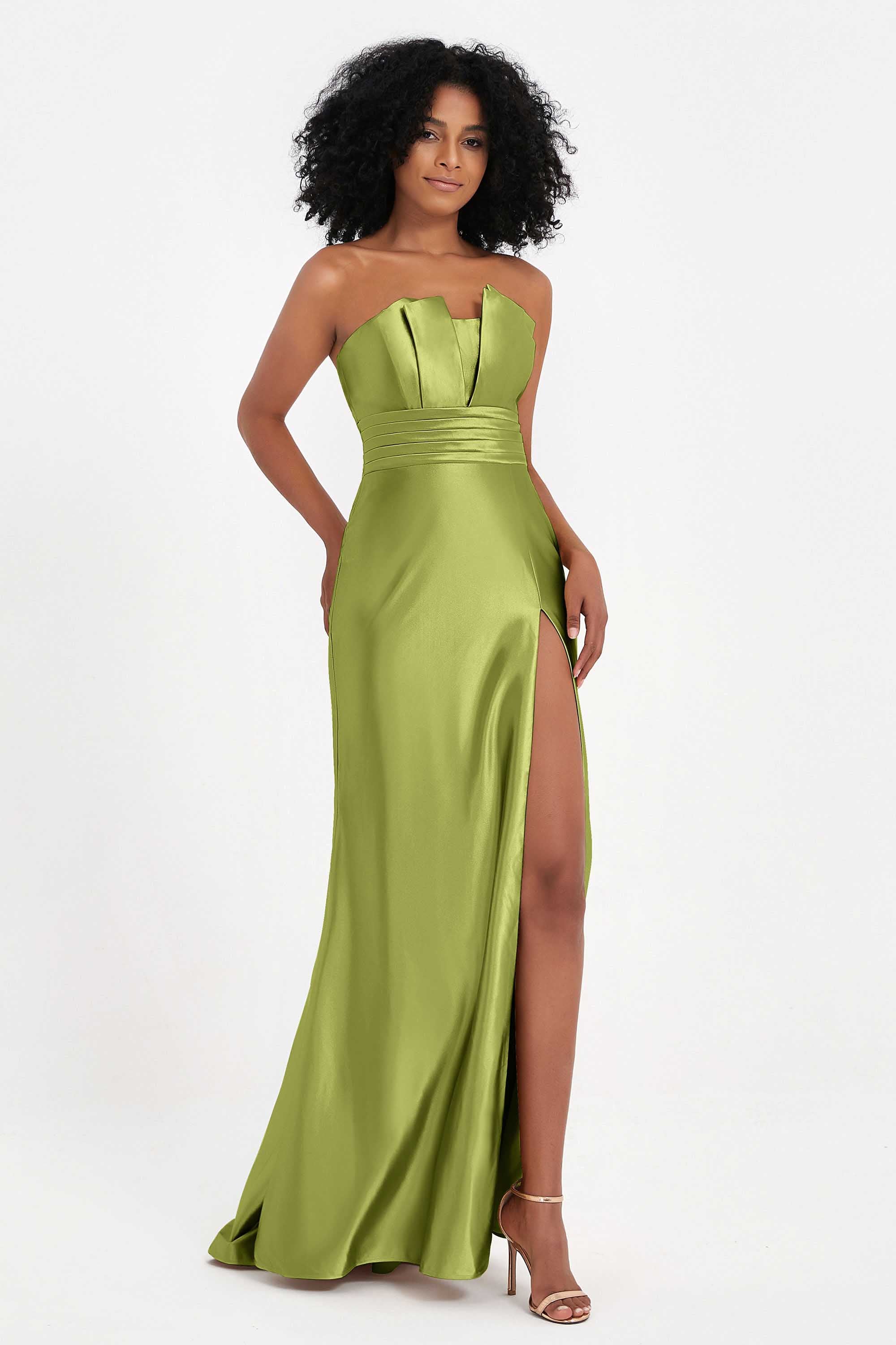 Straight Across Stretch Satin Sheath Formal Evening Dresses with Slit Long Prom Party Dress