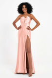 Straight Across Stretch Satin Sheath Formal Evening Dresses with Slit Long Prom Party Dress