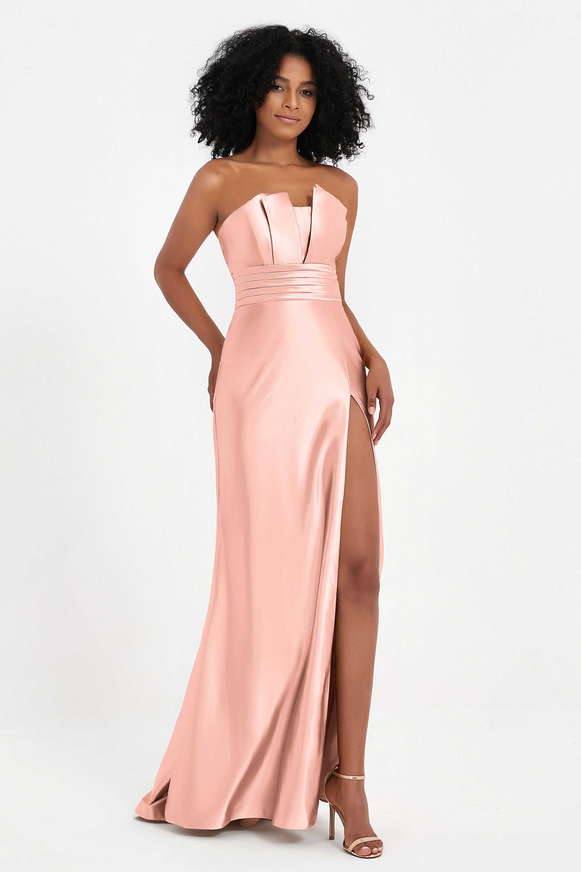 Straight Across Stretch Satin Sheath Formal Evening Dresses with Slit Long Prom Party Dress
