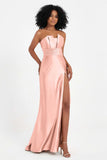Straight Across Stretch Satin Sheath Formal Evening Dresses with Slit Long Prom Party Dress