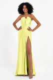 Straight Across Stretch Satin Sheath Formal Evening Dresses with Slit Long Prom Party Dress