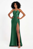 Straight Across Stretch Satin Sheath Formal Evening Dresses with Slit Long Prom Party Dress