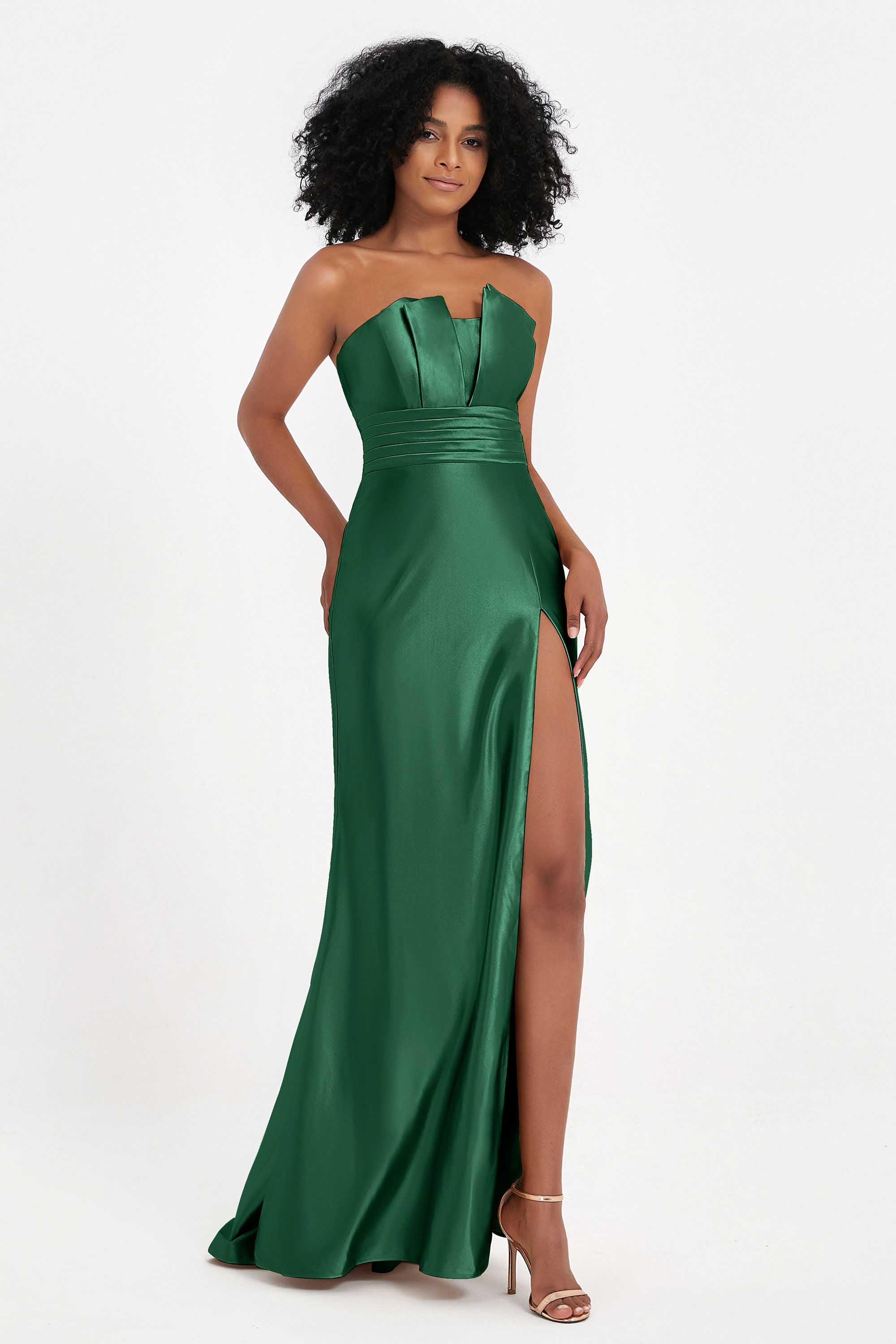 Straight Across Stretch Satin Sheath Formal Evening Dresses with Slit Long Prom Party Dress