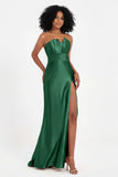 Straight Across Stretch Satin Sheath Formal Evening Dresses with Slit Long Prom Party Dress