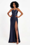 Straight Across Stretch Satin Sheath Formal Evening Dresses with Slit Long Prom Party Dress