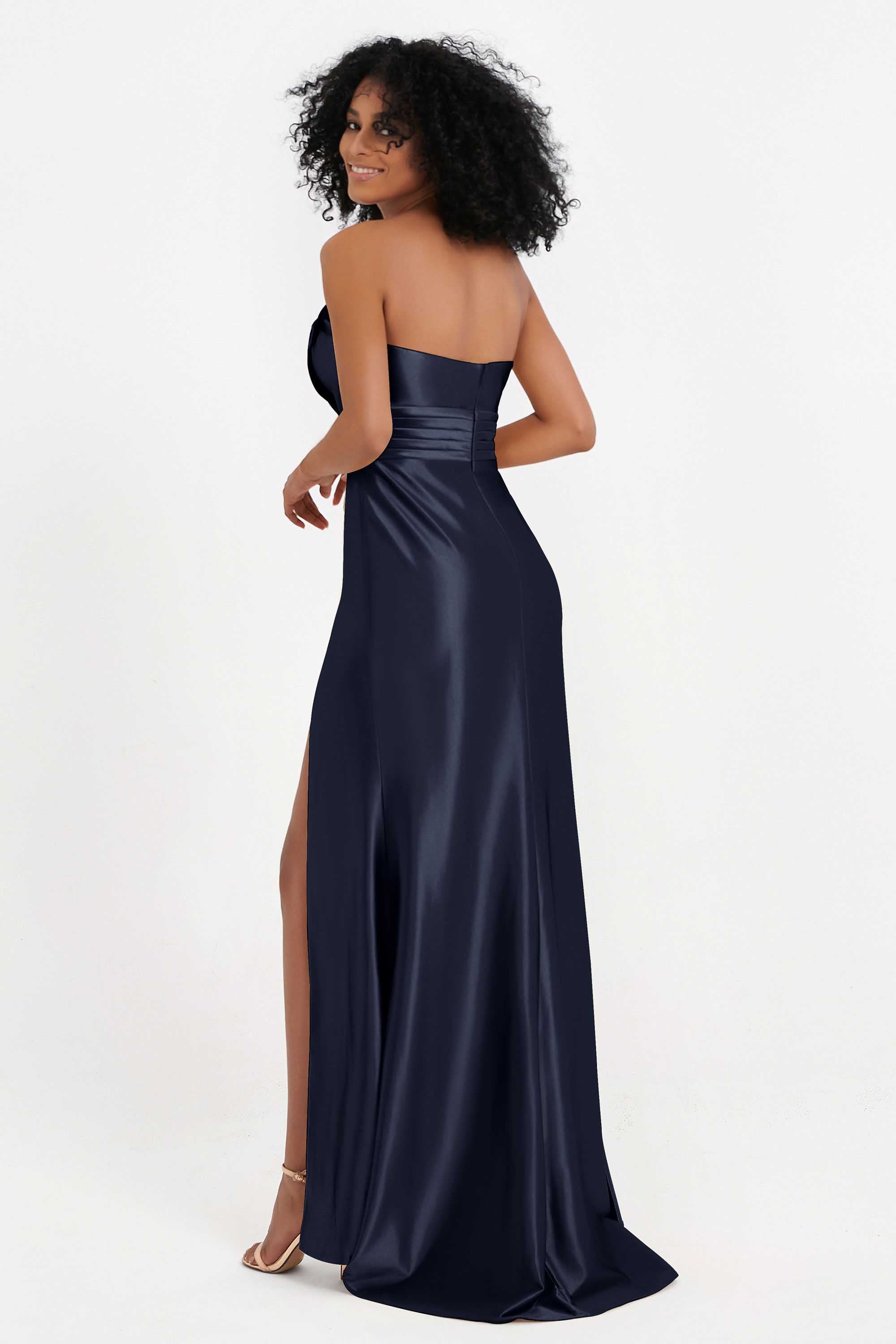 Straight Across Stretch Satin Sheath Formal Evening Dresses with Slit Long Prom Party Dress
