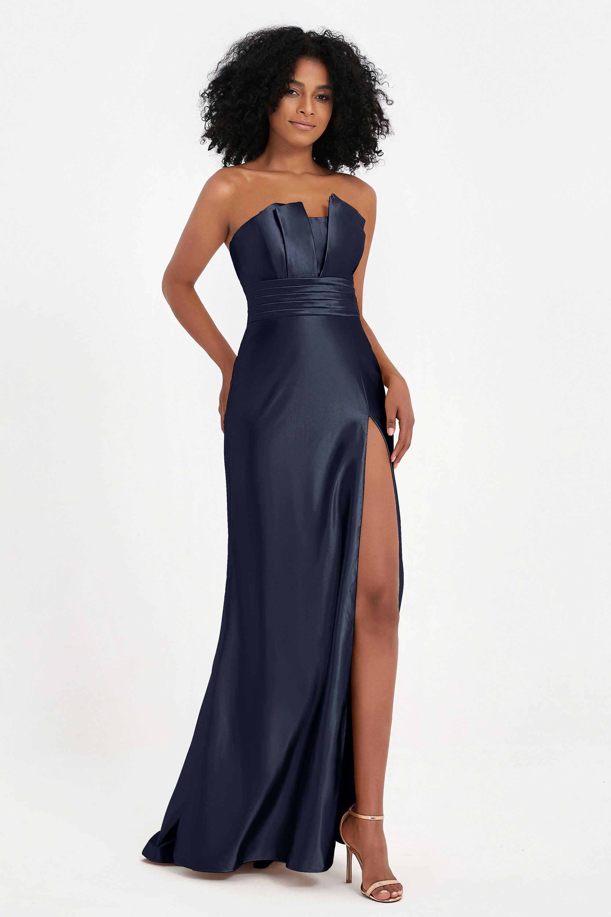Straight Across Stretch Satin Sheath Formal Evening Dresses with Slit Long Prom Party Dress