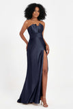 Straight Across Stretch Satin Sheath Formal Evening Dresses with Slit Long Prom Party Dress