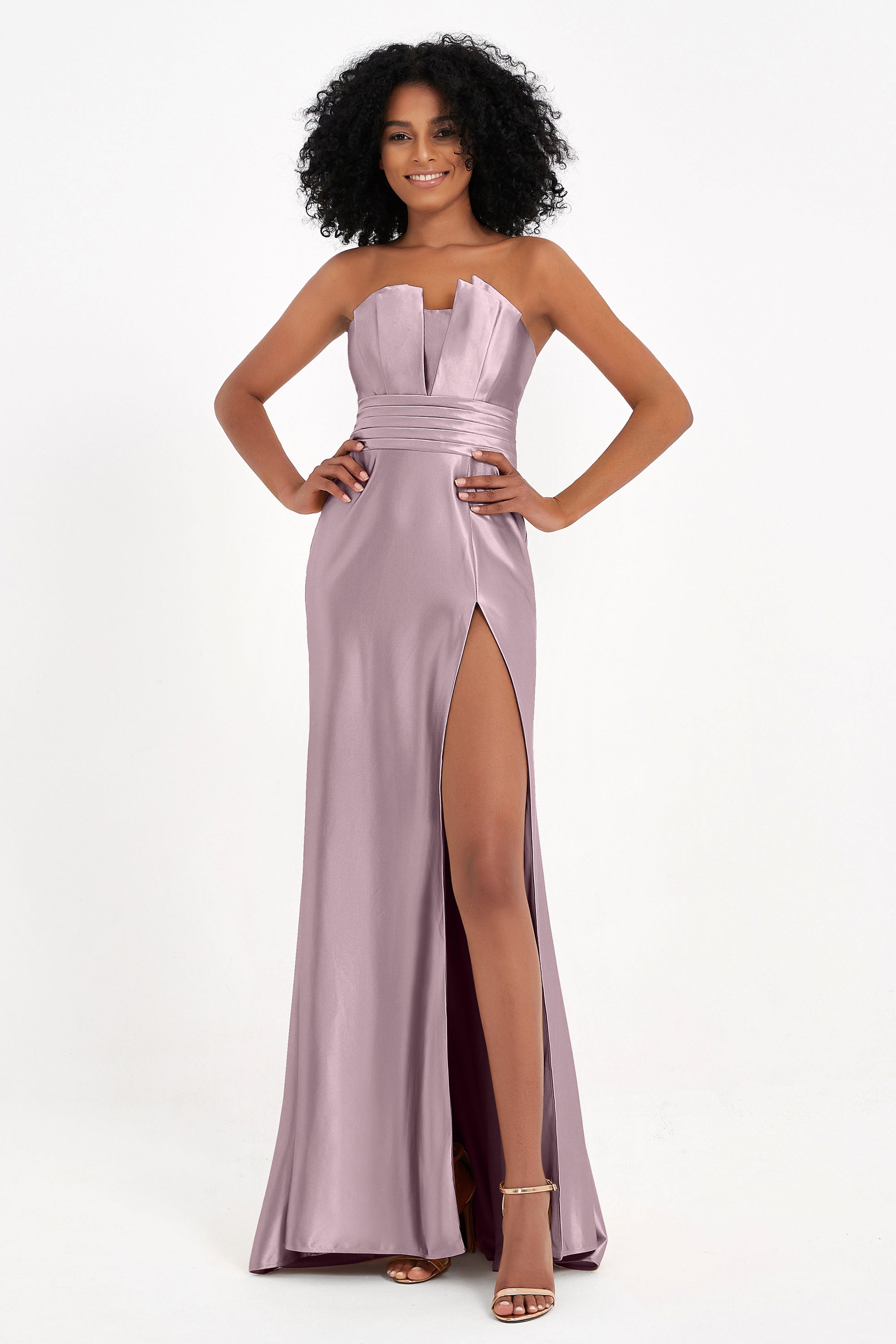 Straight Across Stretch Satin Sheath Formal Evening Dresses with Slit Long Prom Party Dress
