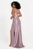 Straight Across Stretch Satin Sheath Formal Evening Dresses with Slit Long Prom Party Dress
