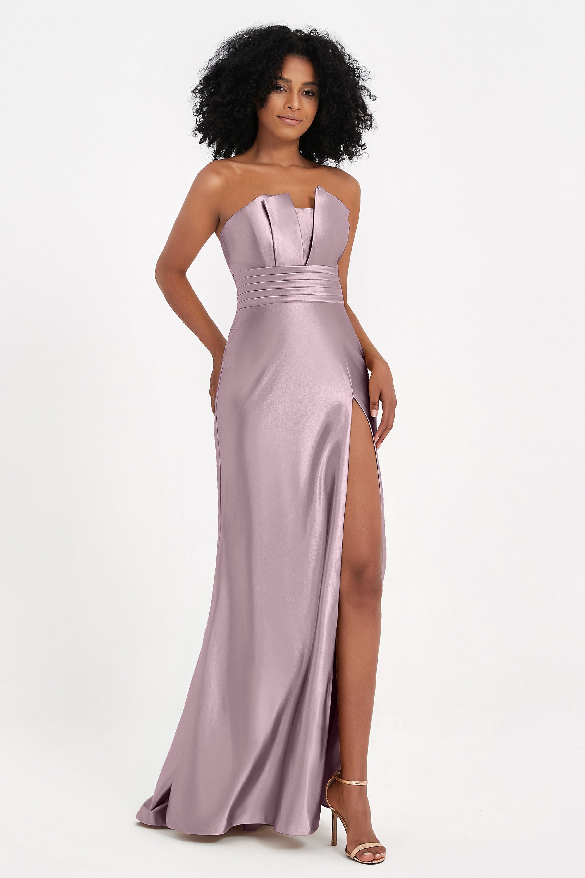 Straight Across Stretch Satin Sheath Formal Evening Dresses with Slit Long Prom Party Dress