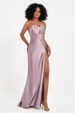 Straight Across Stretch Satin Sheath Formal Evening Dresses with Slit Long Prom Party Dress