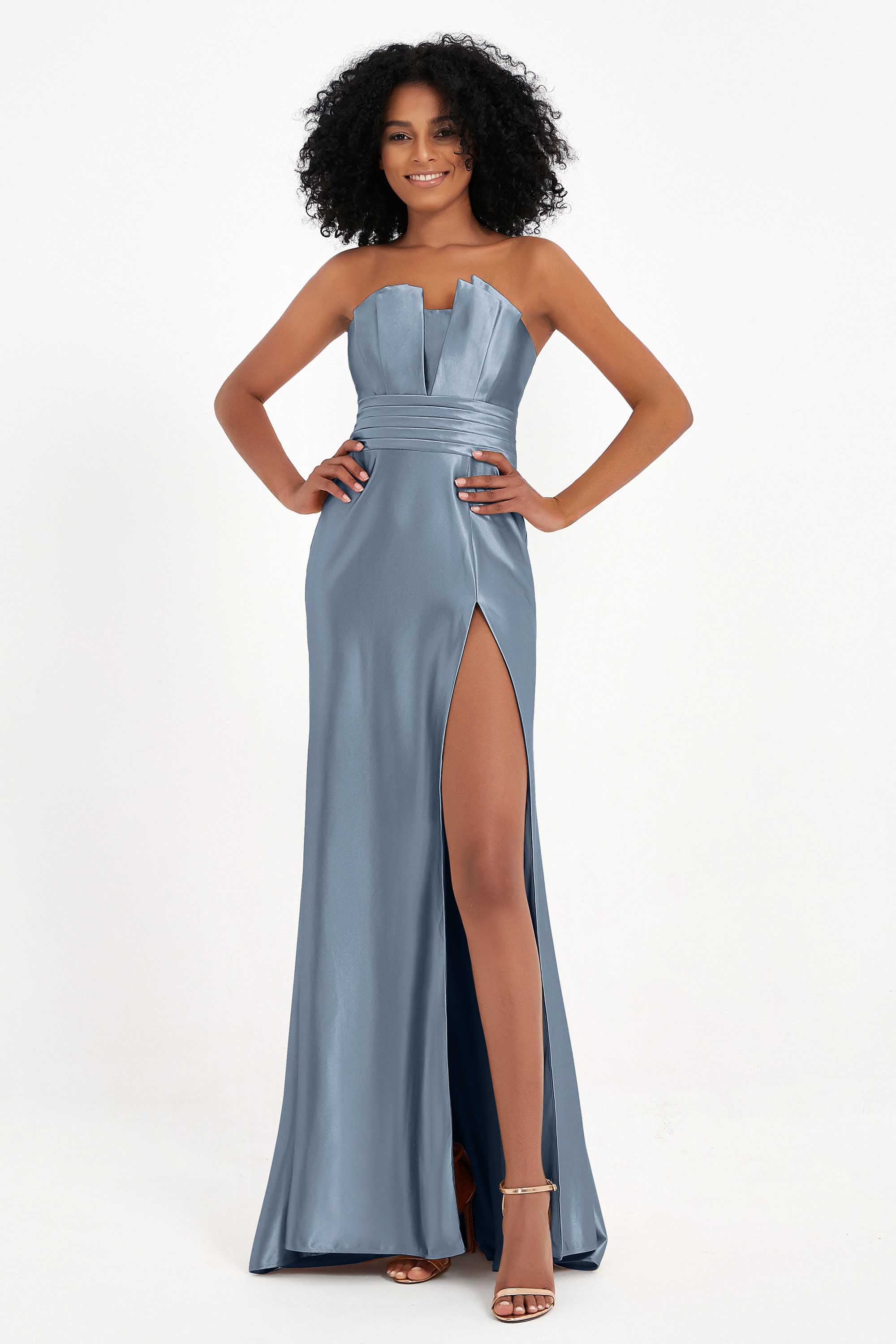 Straight Across Stretch Satin Sheath Formal Evening Dresses with Slit Long Prom Party Dress