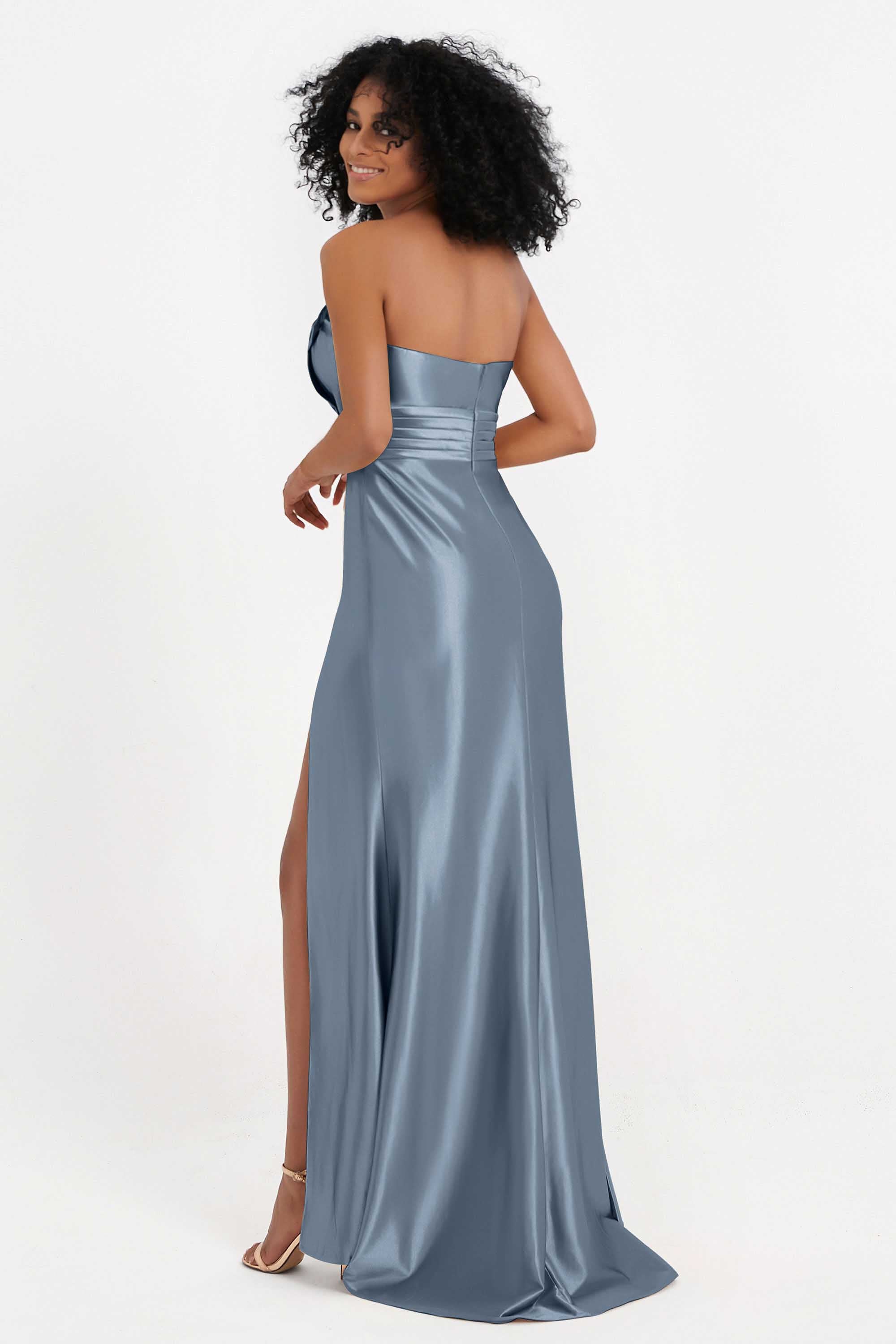 Straight Across Stretch Satin Sheath Formal Evening Dresses with Slit Long Prom Party Dress