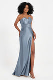 Straight Across Stretch Satin Sheath Formal Evening Dresses with Slit Long Prom Party Dress