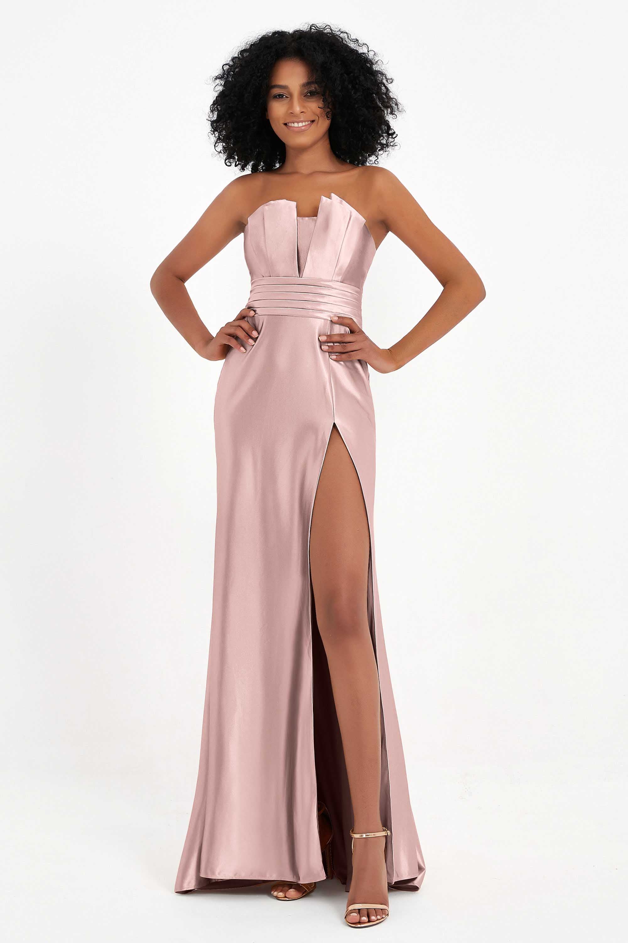 Straight Across Stretch Satin Sheath Formal Evening Dresses with Slit Long Prom Party Dress