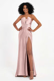 Straight Across Stretch Satin Sheath Formal Evening Dresses with Slit Long Prom Party Dress