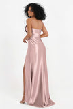 Straight Across Stretch Satin Sheath Formal Evening Dresses with Slit Long Prom Party Dress
