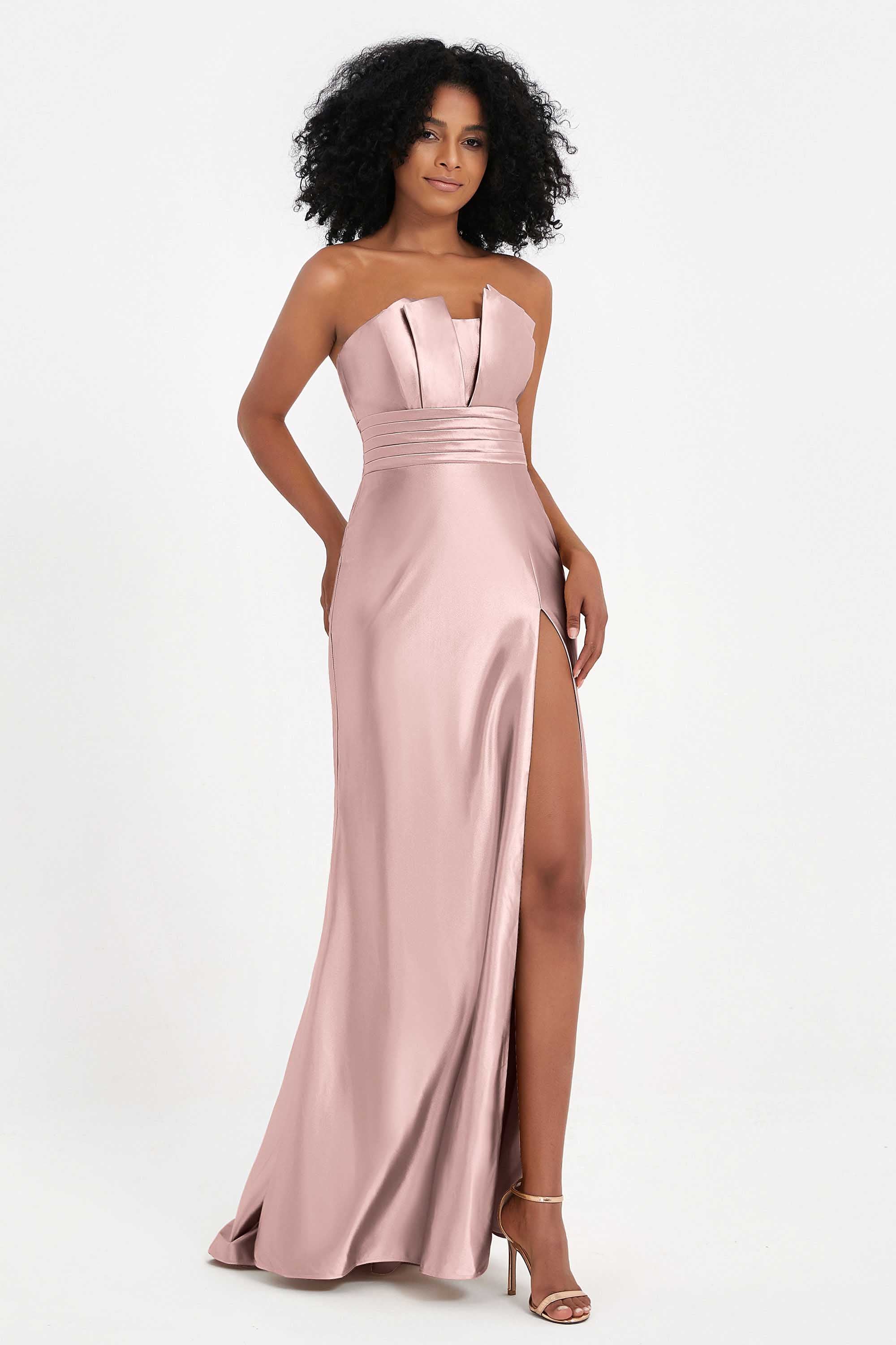 Straight Across Stretch Satin Sheath Formal Evening Dresses with Slit Long Prom Party Dress