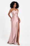 Straight Across Stretch Satin Sheath Formal Evening Dresses with Slit Long Prom Party Dress