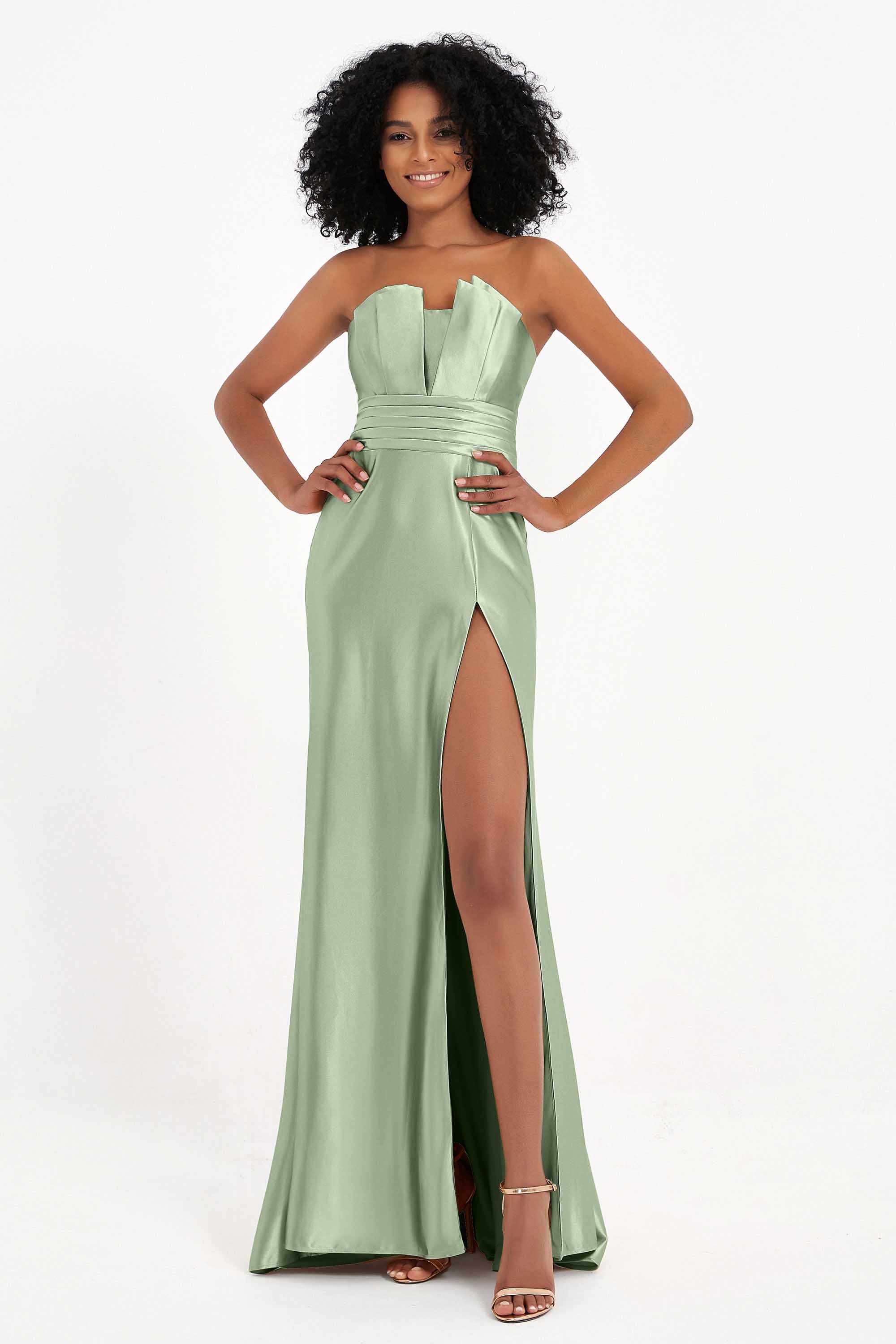 Straight Across Stretch Satin Sheath Formal Evening Dresses with Slit Long Prom Party Dress