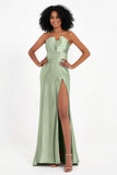 Straight Across Stretch Satin Sheath Formal Evening Dresses with Slit Long Prom Party Dress